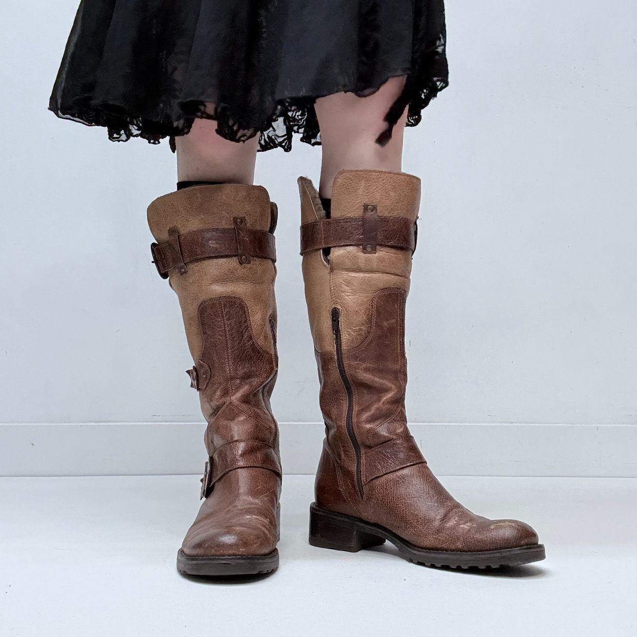 Brown leather biker boots