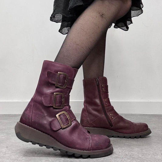 Burgandy buckle fly boots