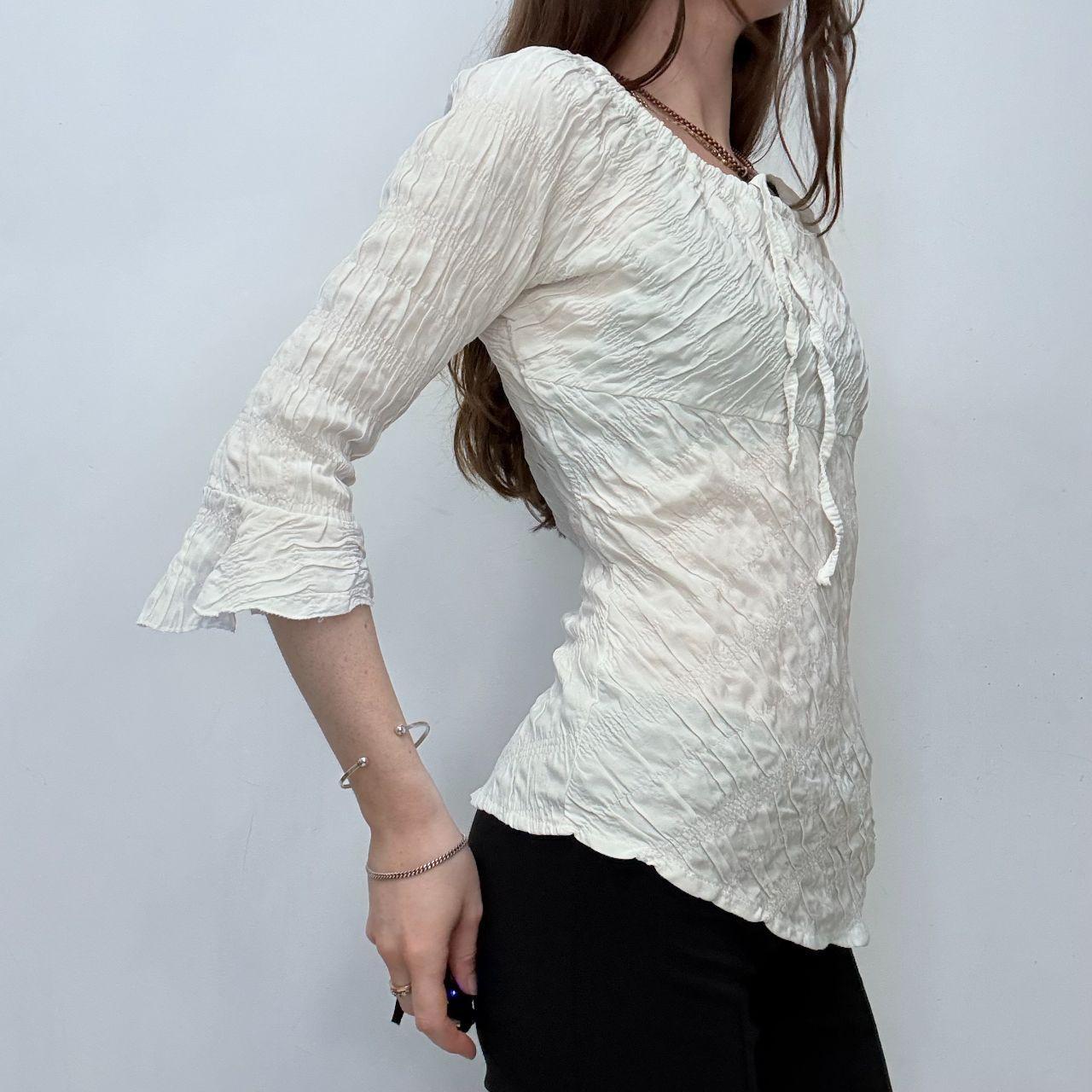 Cream flared wide neck crinkle shirt