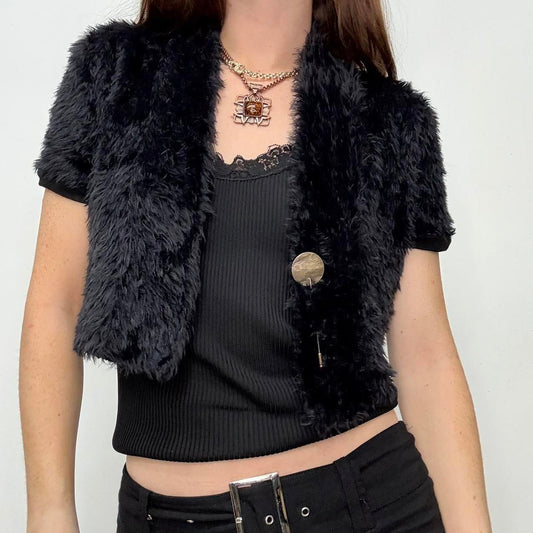 Cropped black faux fur cardigan