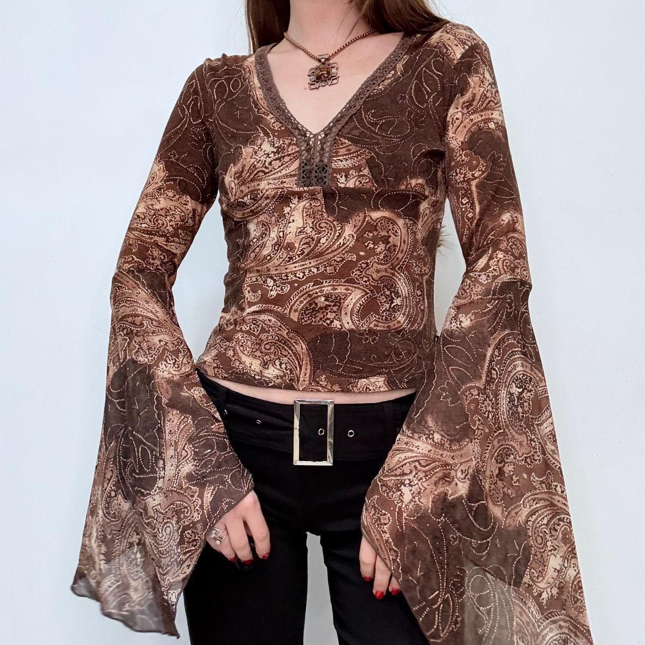 Brown flutter flared bell sleeve blouse
