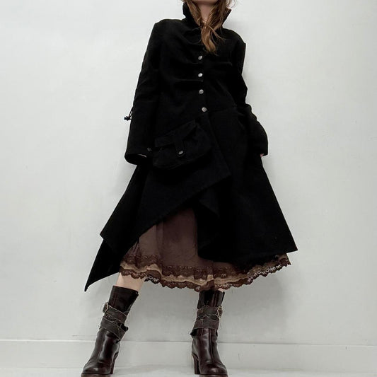 Black wool draped asymmetric gothic coat