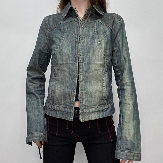 Distressed boxy hook front jacket