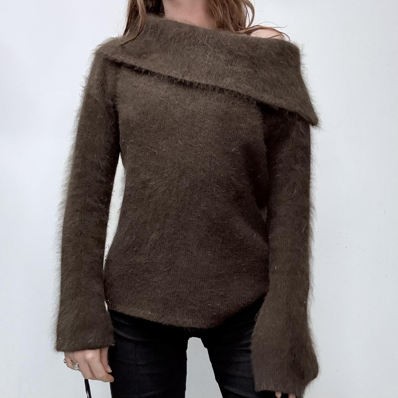 Brown asymmetric slouchy fold over neck flared jumper