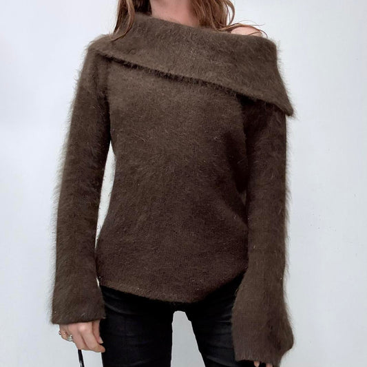 Brown asymmetric slouchy fold over neck flared jumper