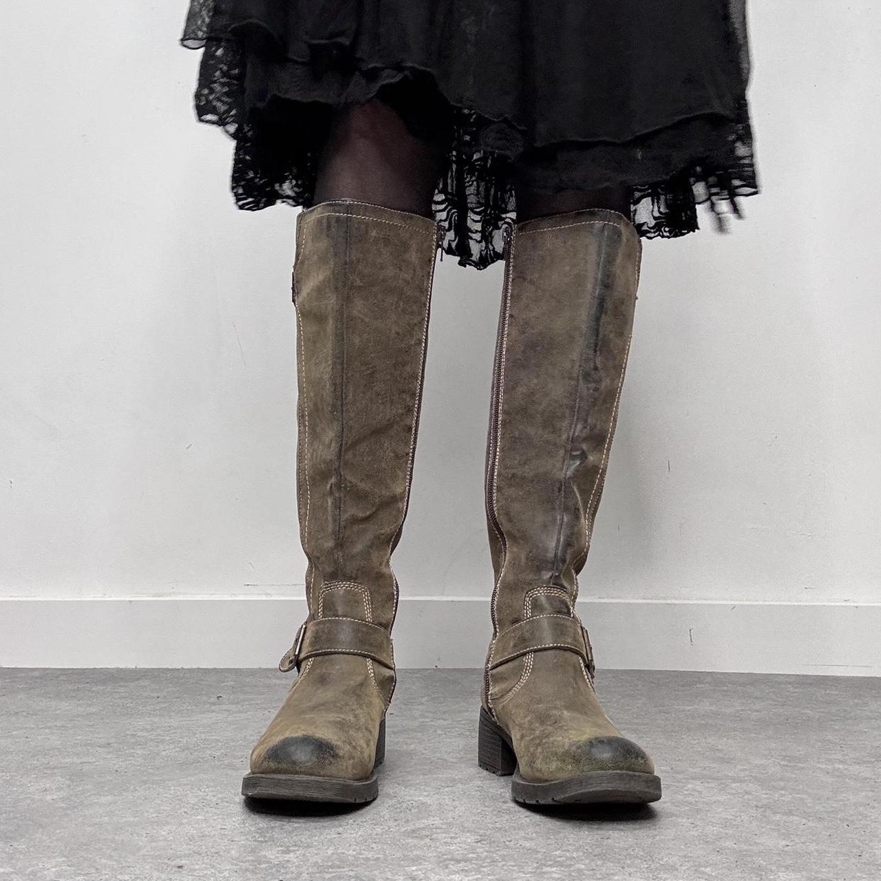 Distressed khaki leather knee high boots