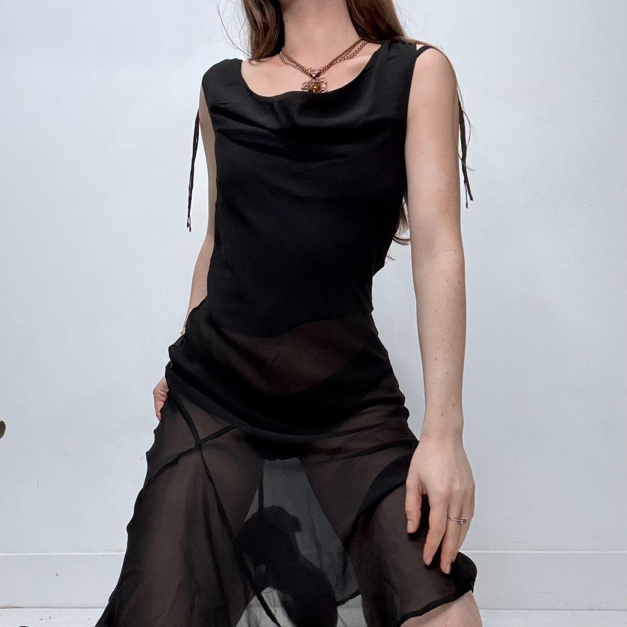Black sheer silk drape cowl neck dress