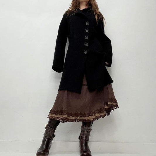 Black felted wool flared asymmetric pea coat