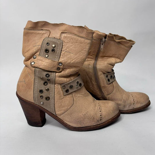 Cream leather studded eyelet boots