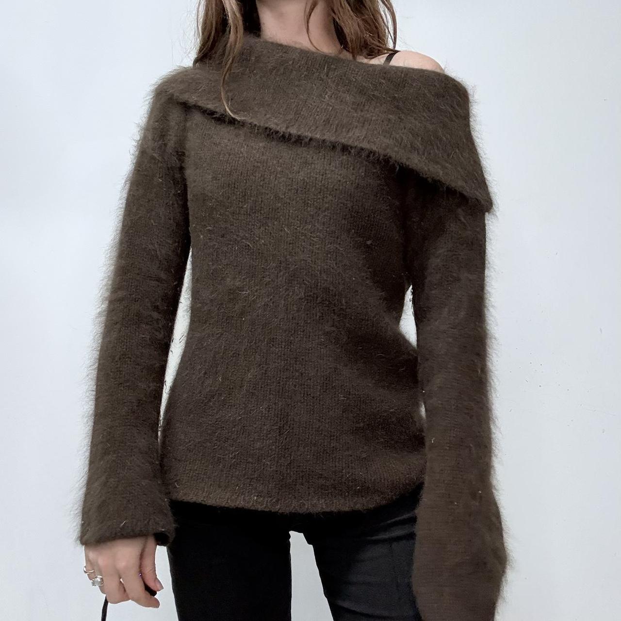 Brown asymmetric slouchy fold over neck flared jumper