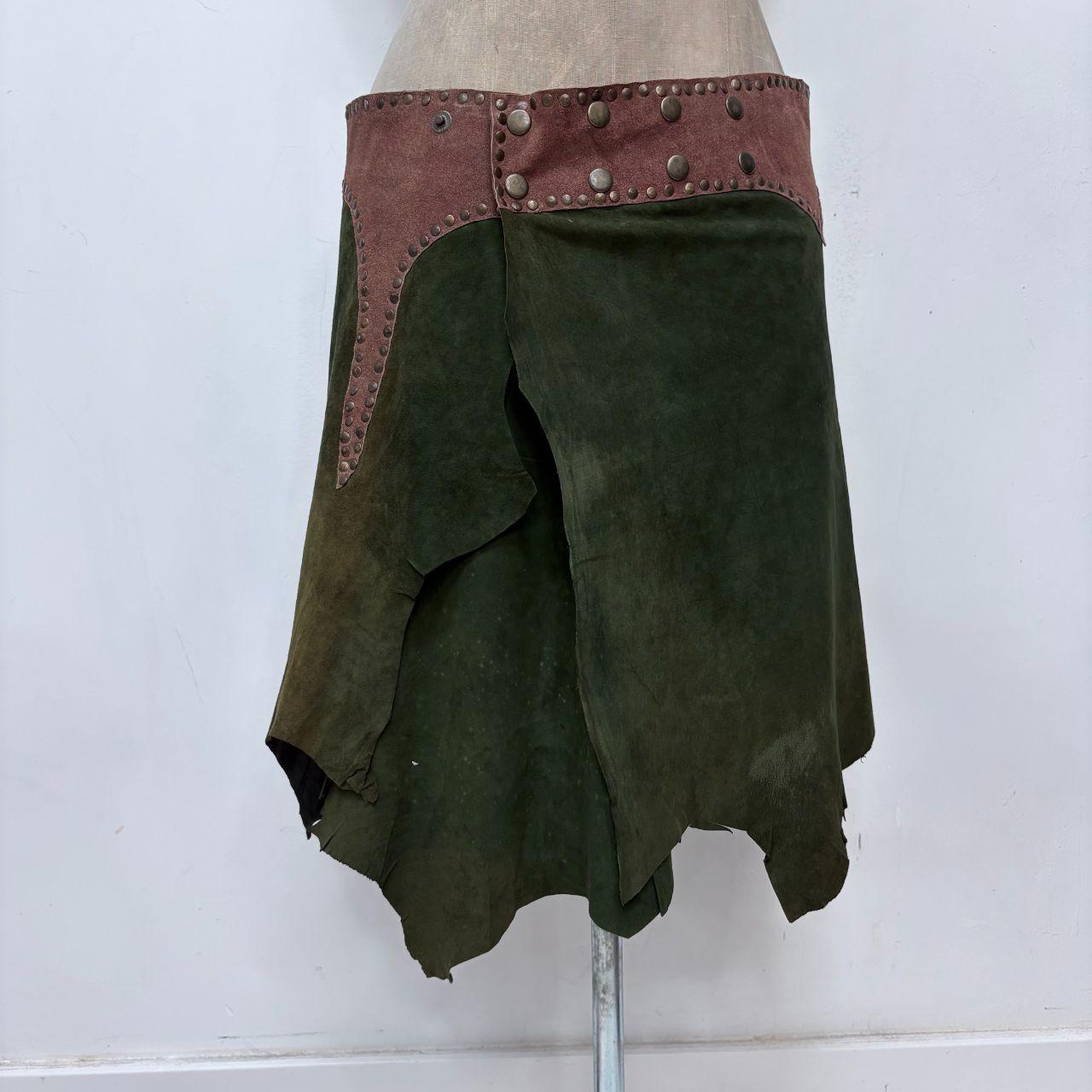 Khaki green studded boho leather skirt belt