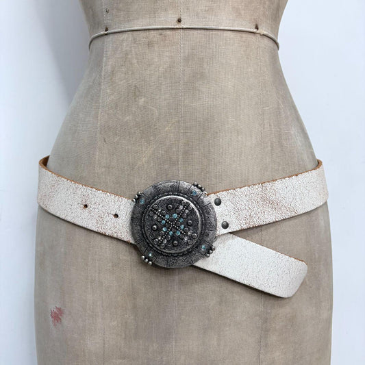 White distressed leather boho belt