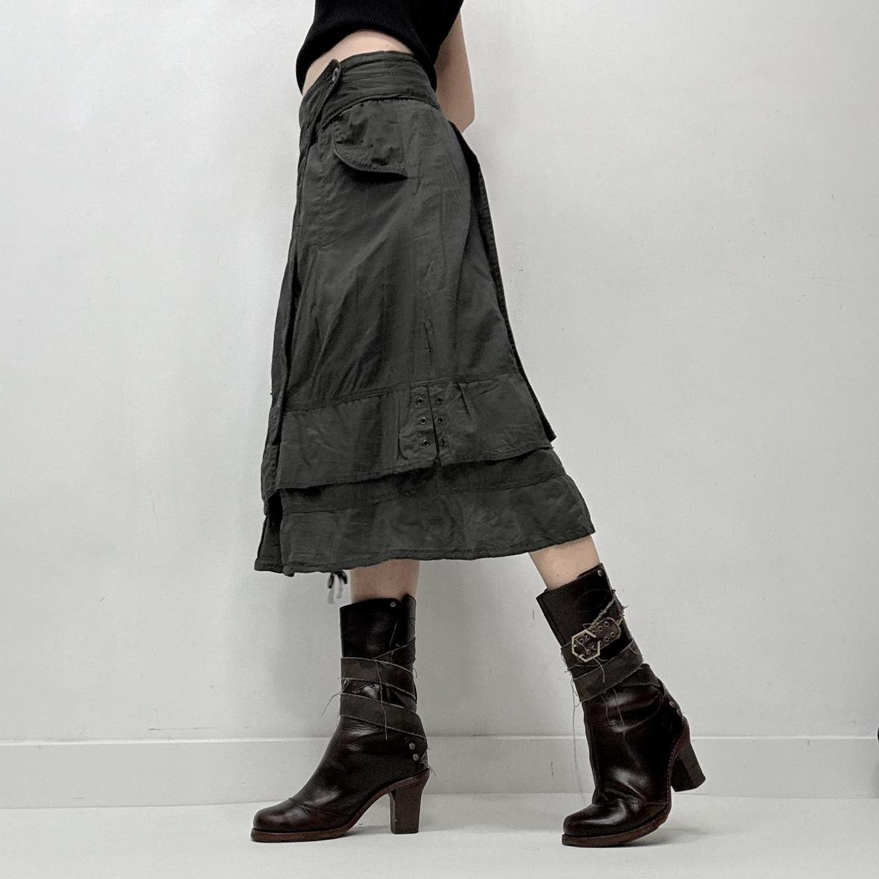 Khaki layered utility button midi skirt