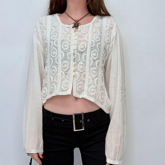 Sheer white embroidered cropped button shirt