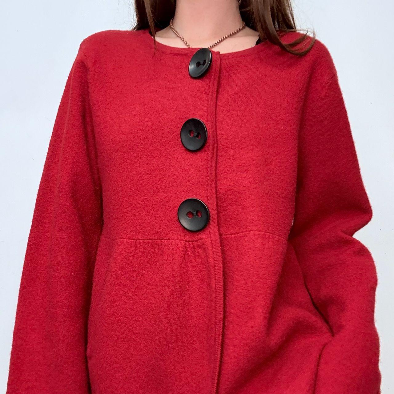 Red flared oversized button puff peacoat cardi
