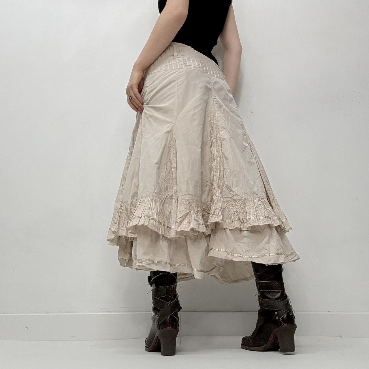 Tan pinstripe flared ruffle midi skirt