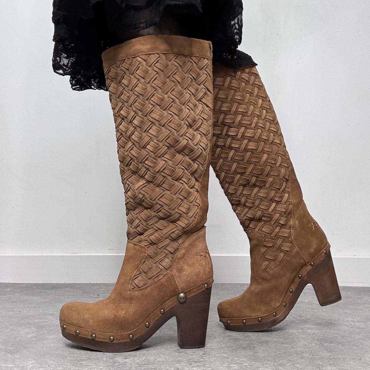 Tan suede woven leather stud clog boots