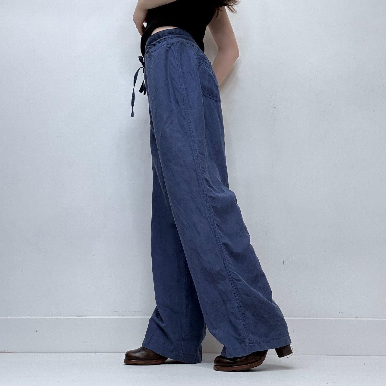 Blue wide-leg linen silk drawstring trousers