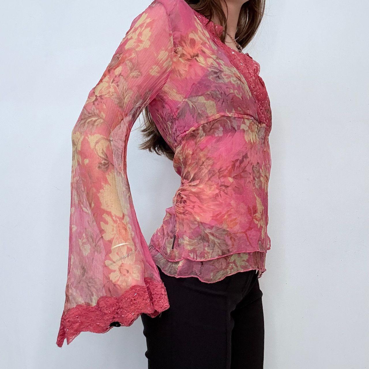 Pink silk floral lace flared shirt