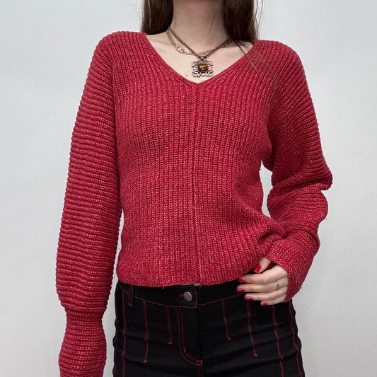 Red chunky knit batwing slouchy jumper