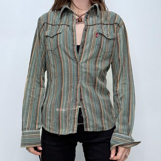 Pinstripe khaki flared shirt