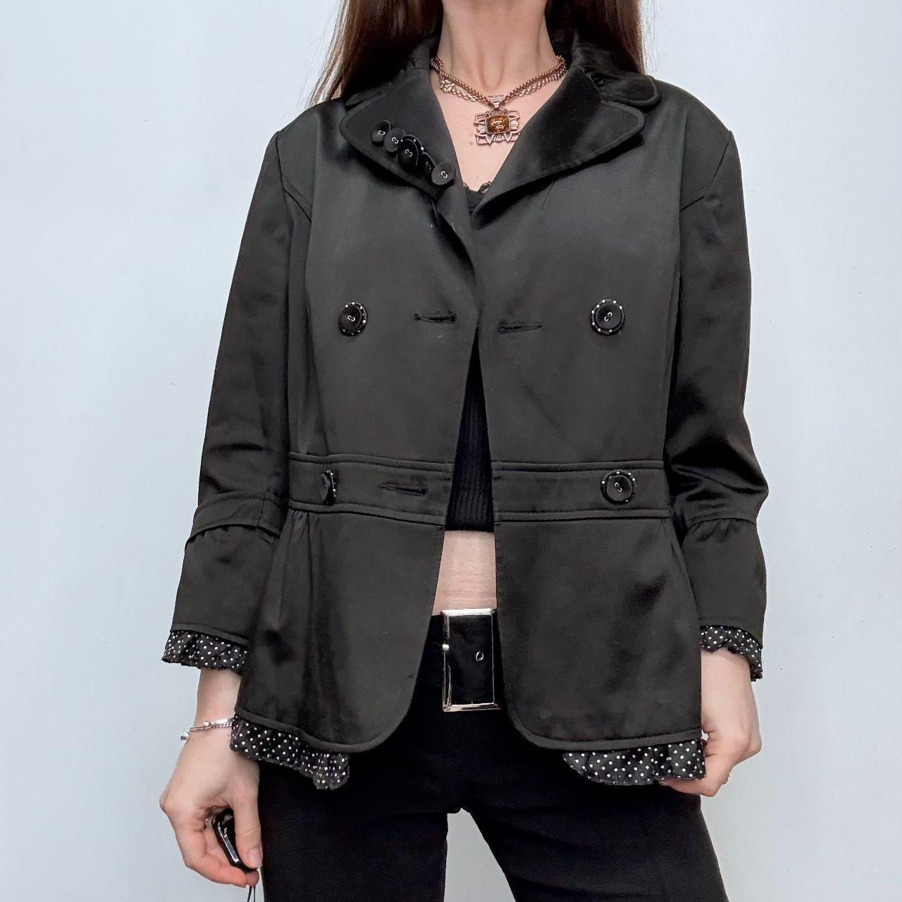 Black satin polka dot flared pea coat