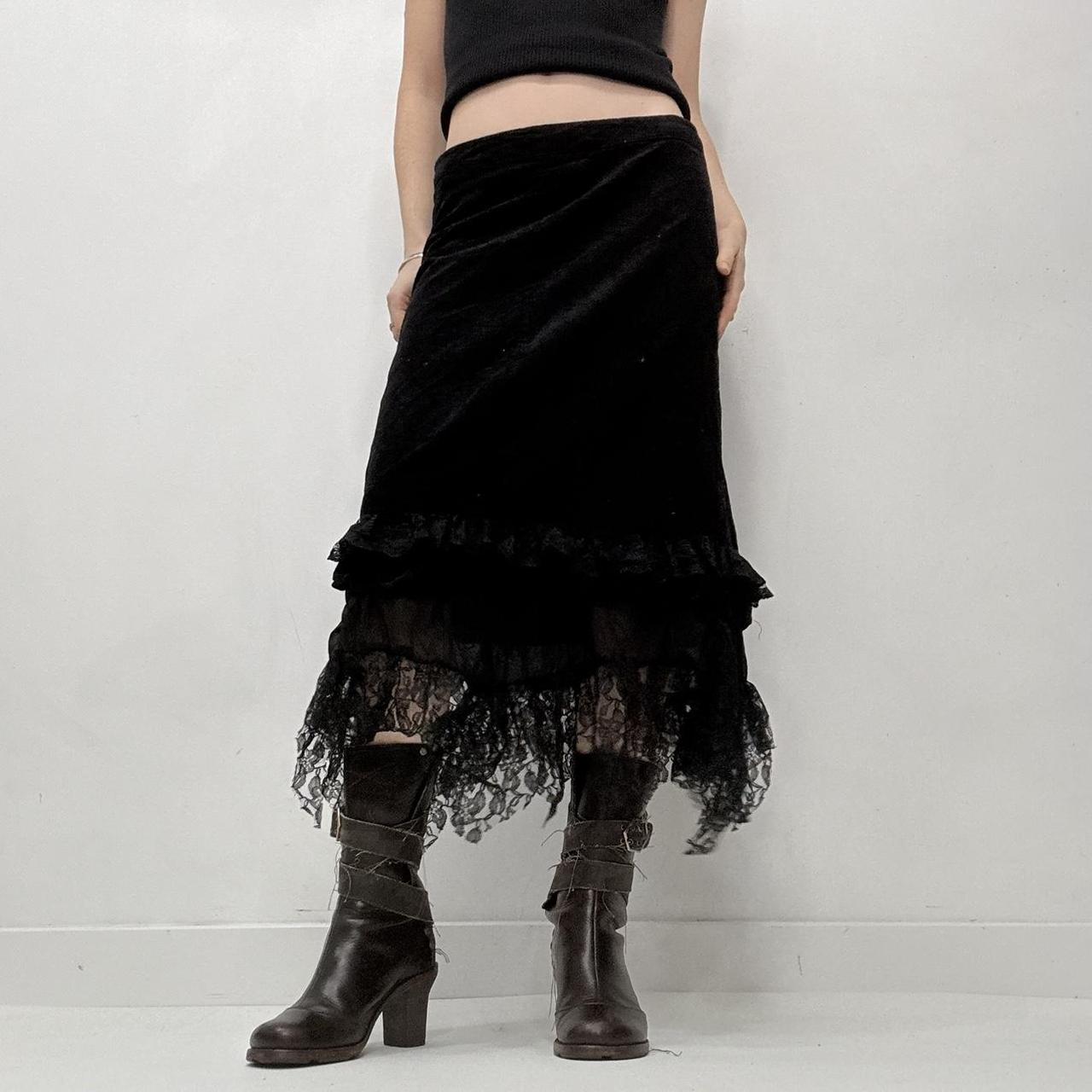 Black lace hem sheer gothic midi skirt