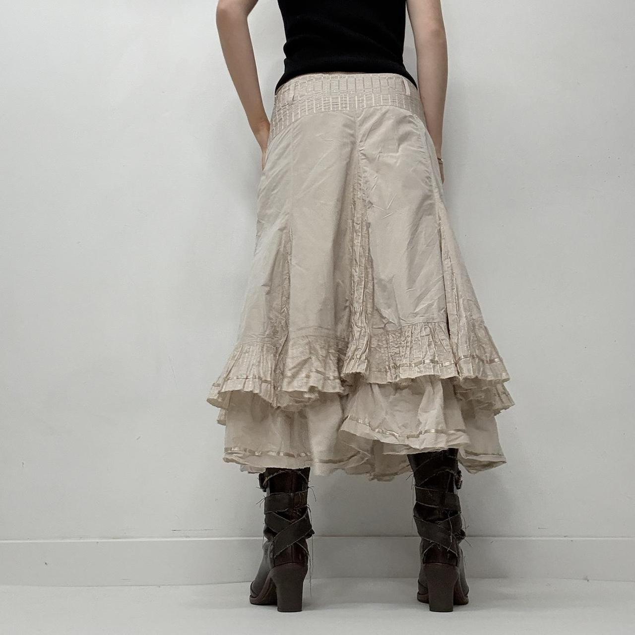 Tan pinstripe flared ruffle midi skirt