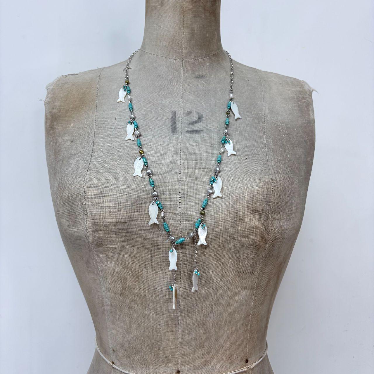Fish charm mother of pearl beaded chain necklace