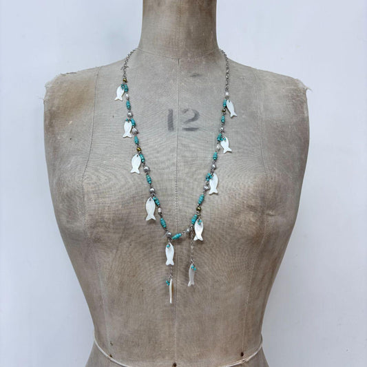 Fish charm mother of pearl beaded chain necklace