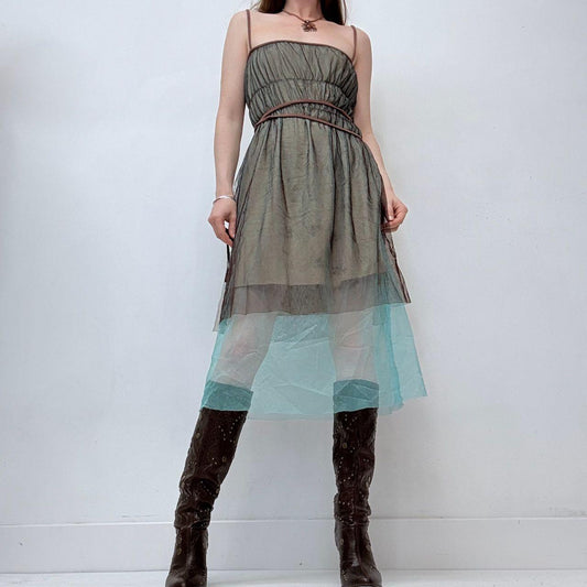 Sheer layered mesh gathered midi dress