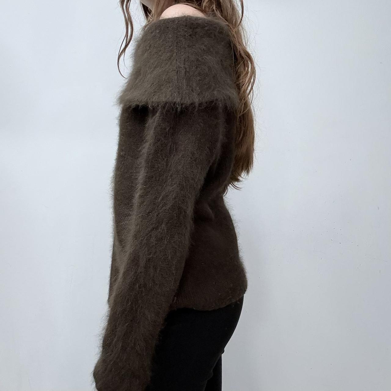 Brown asymmetric slouchy fold over neck flared jumper