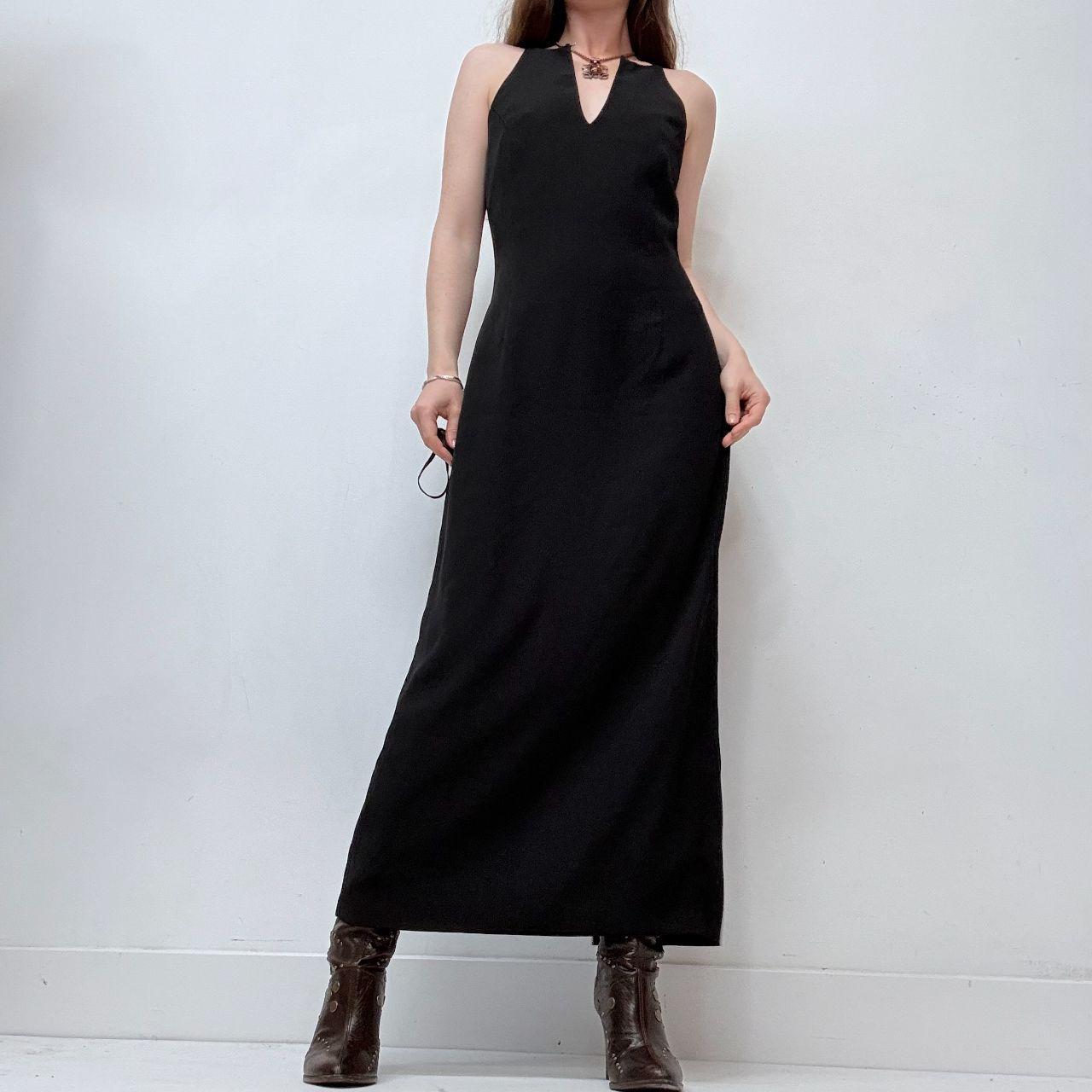 Black a-line bias cut sleek 90s high neck dress