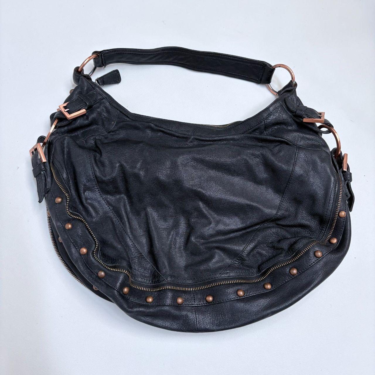 Black leather studded slouchy biker bag