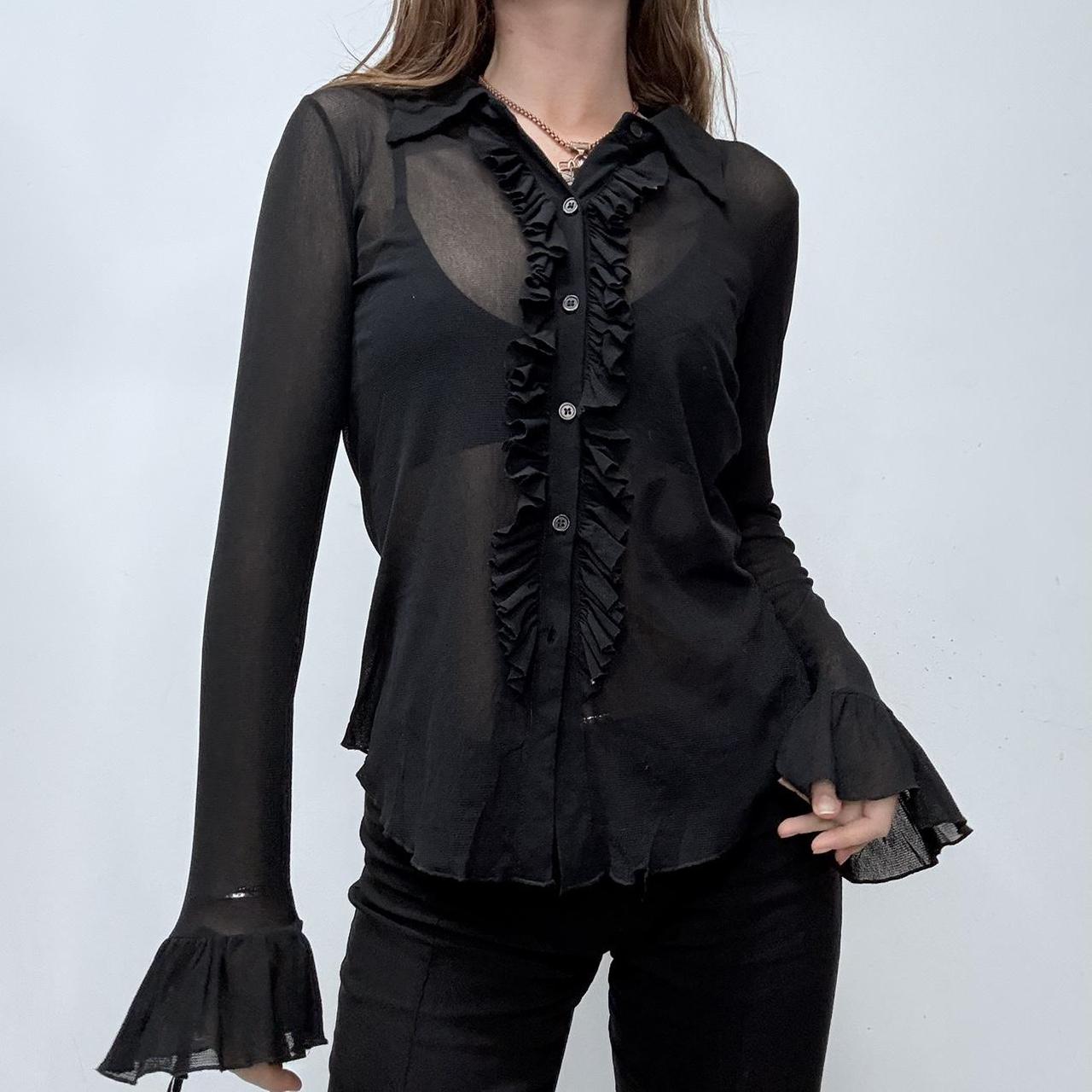Black sheer flared ruffle shirt