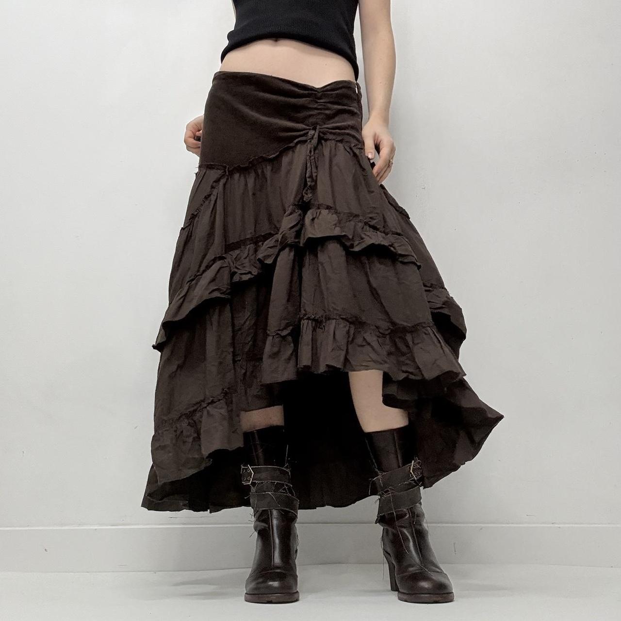 Brown tiered asymmetric maxi skirt