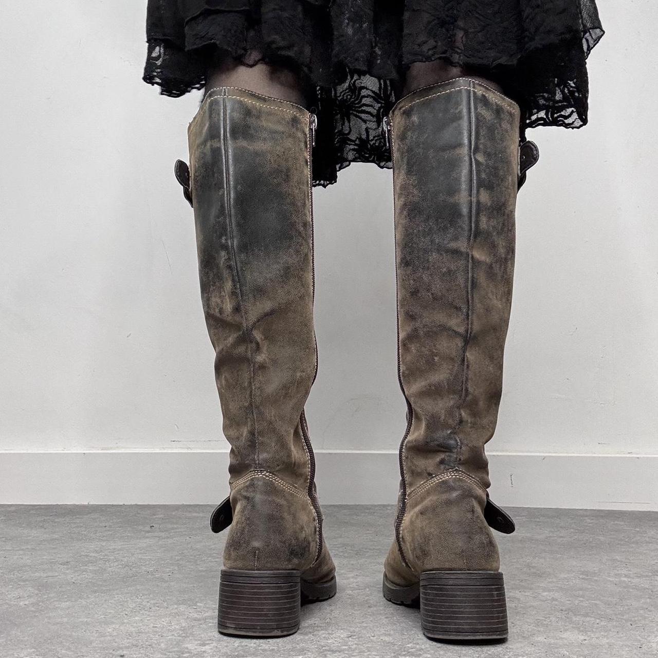 Distressed khaki leather knee high boots