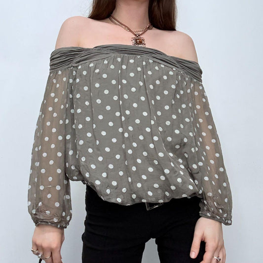 Slouchy off the shoulder polka dot shirt