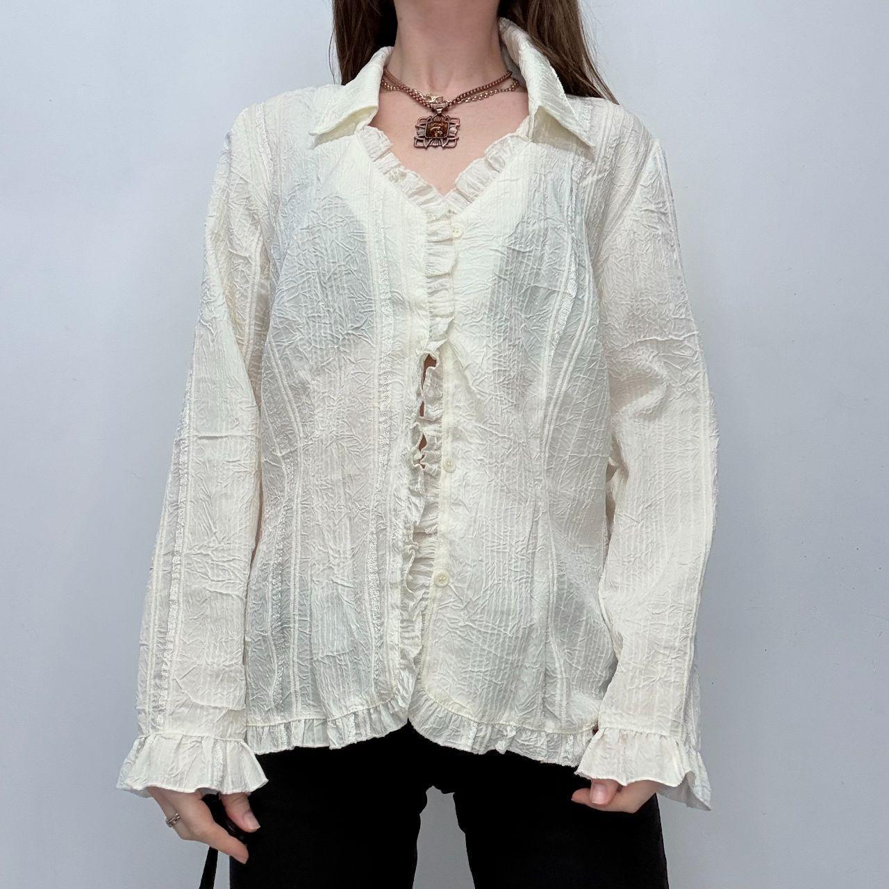Cream crinkle pinstripe lace shirt