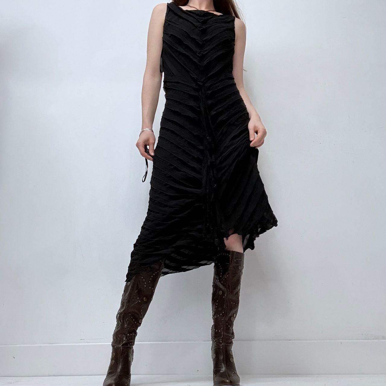 Black distressed pleated ruffle dress