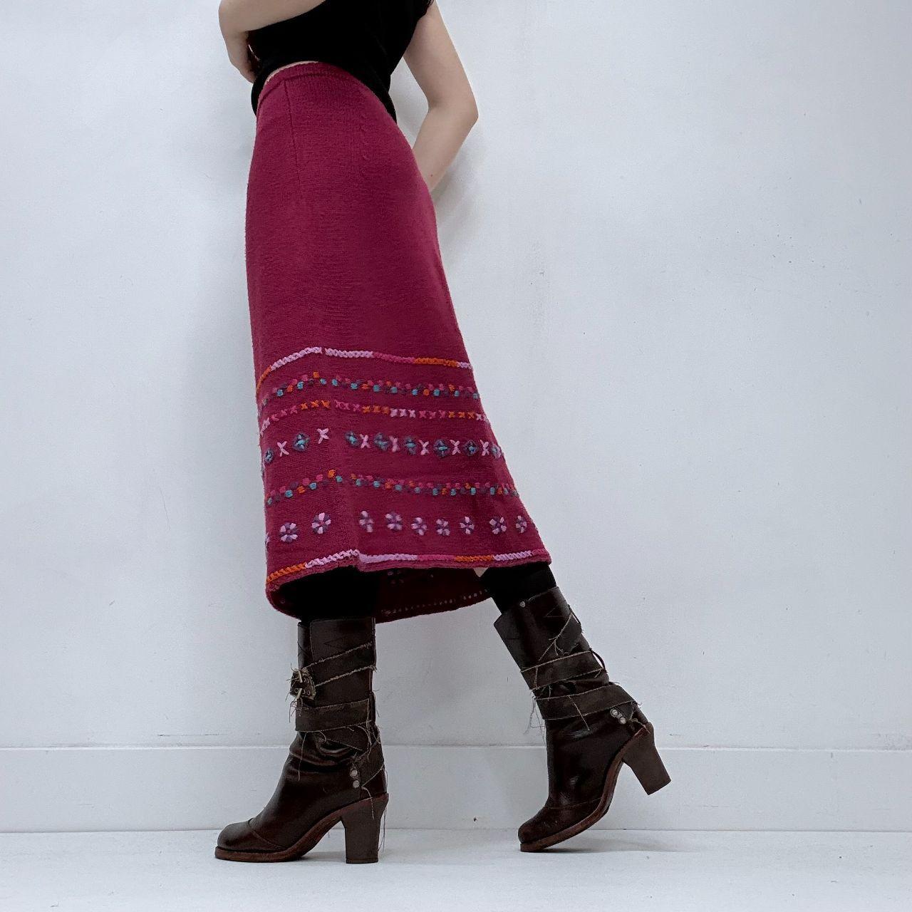 Pink hippie knitted embroidered midi skirt