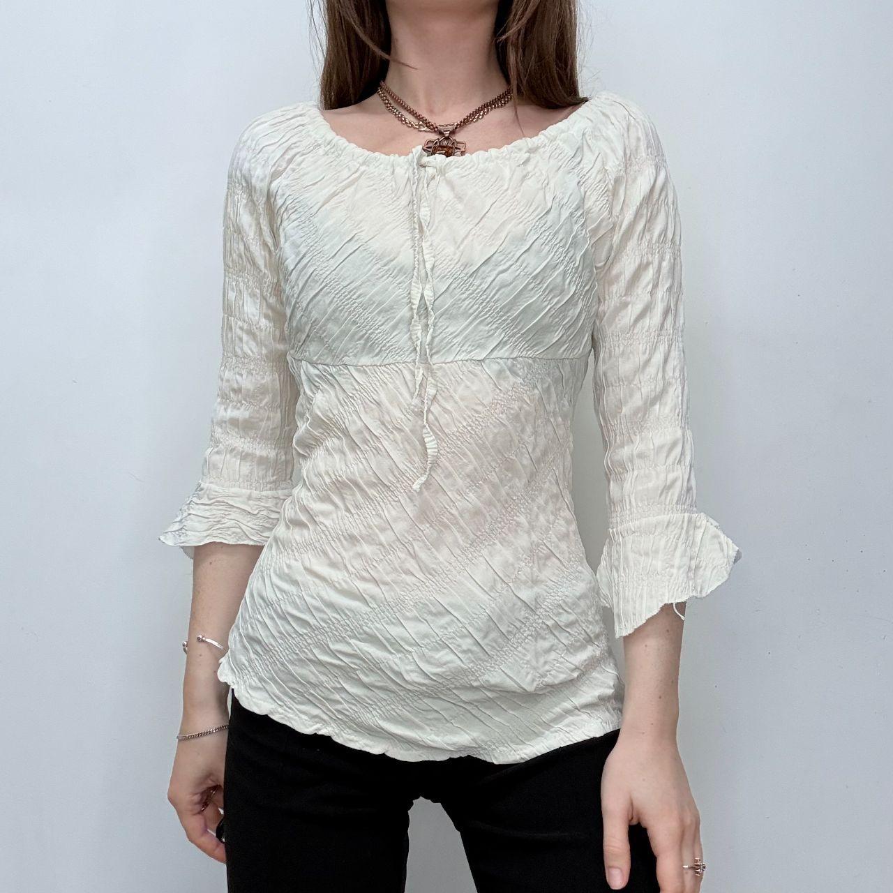 Cream flared wide neck crinkle shirt