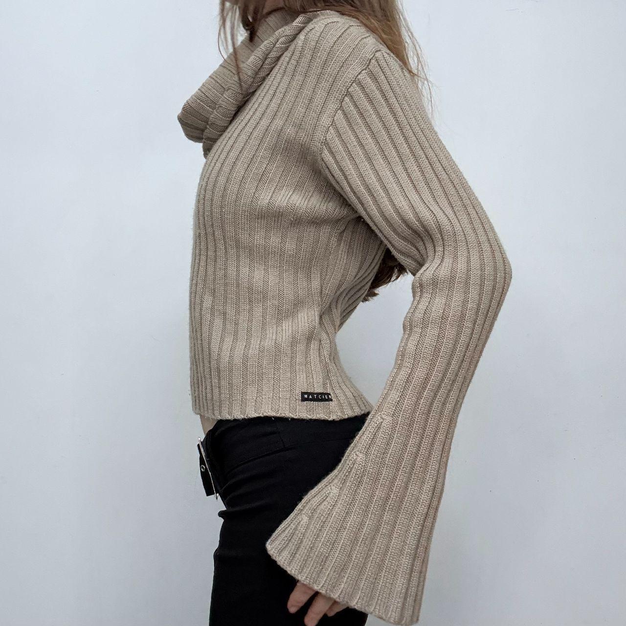 Tan ribbed flared fold-over neck jumper
