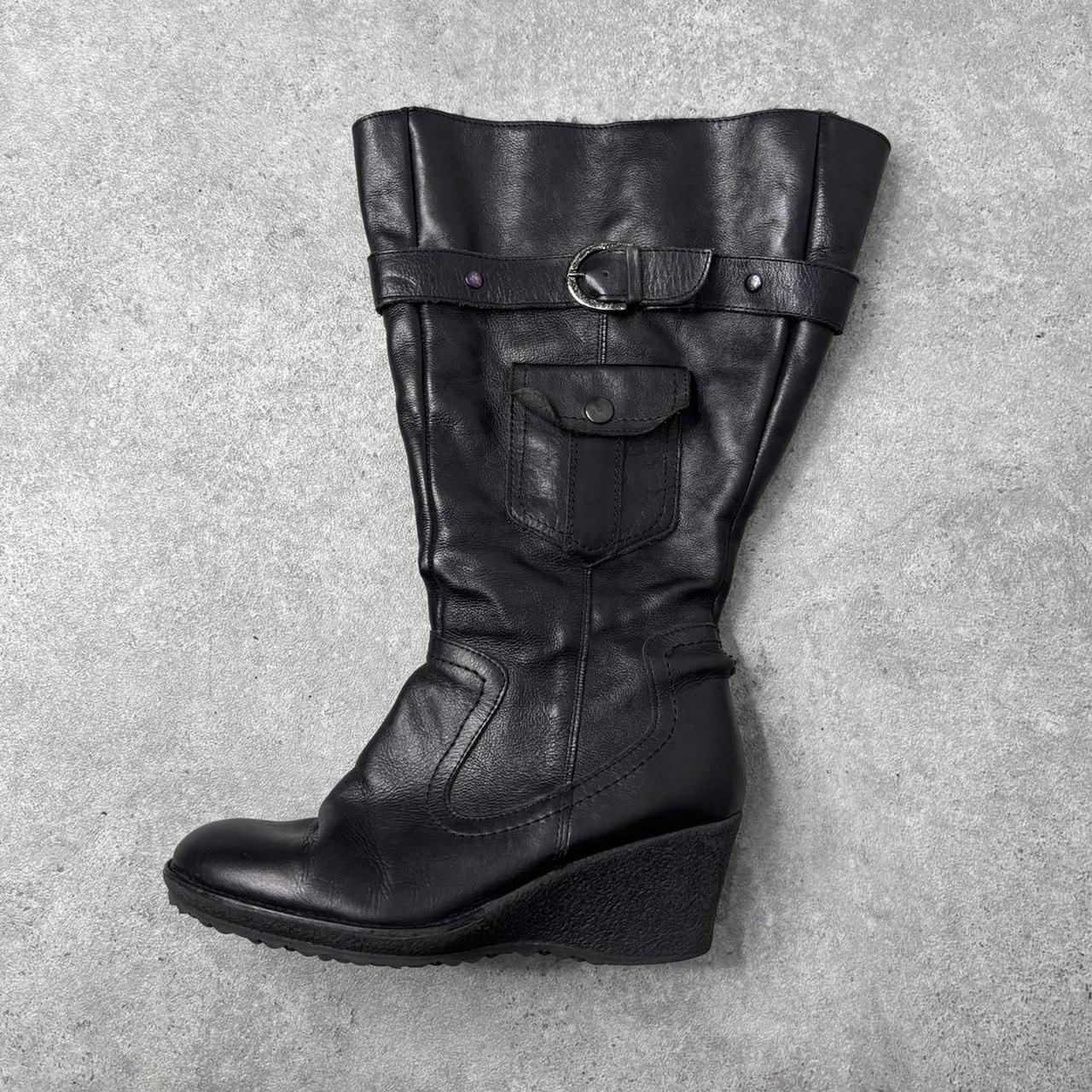 Black leather buckle knee high boots
