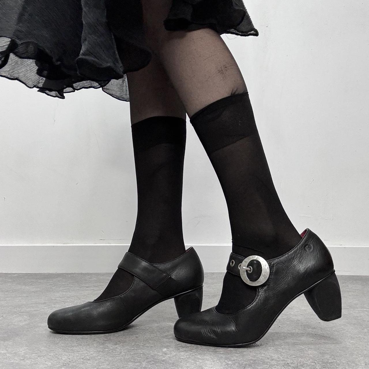 Black leather buckle heel mary janes