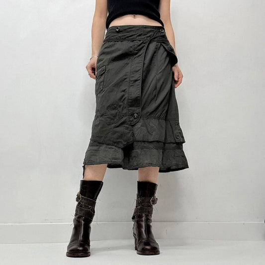 Khaki layered utility button midi skirt