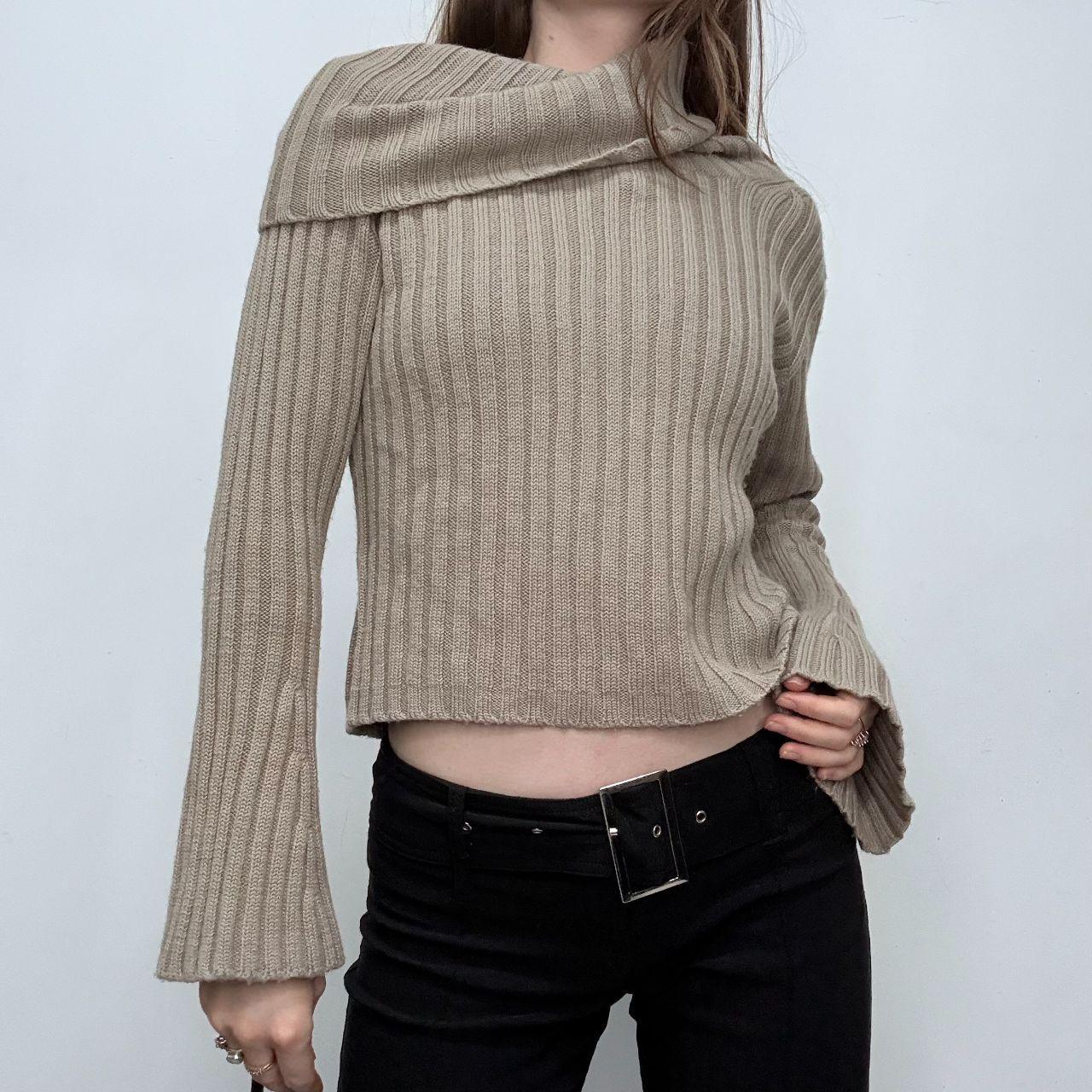 Tan ribbed flared fold-over neck jumper