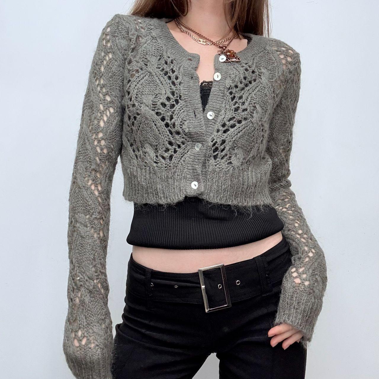 Grey lace open knit mohair cardigan