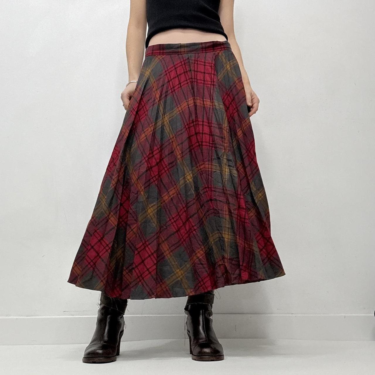 Red pleated tartan maxi skirt