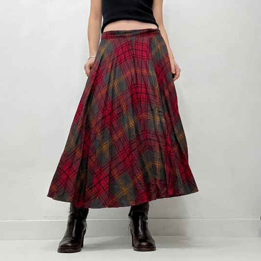 Red pleated tartan maxi skirt